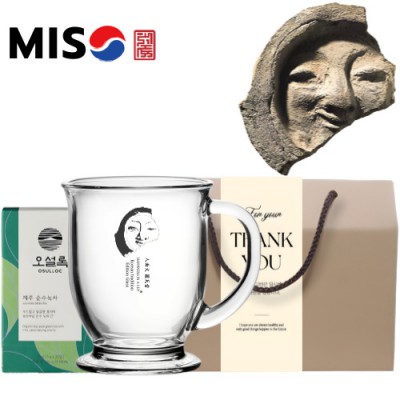 한국전통 K컬쳐 얼굴무늬수막새 신라의미소 글라스 머그컵 440ml 오설록 기프팅