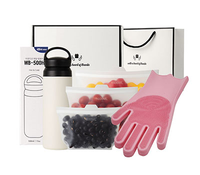 웰세스 핸들텀블러 W-500B+실리콘지퍼백3종+실리콘 브러시 설거지 수세미 일체형 고무장갑 1P 세트